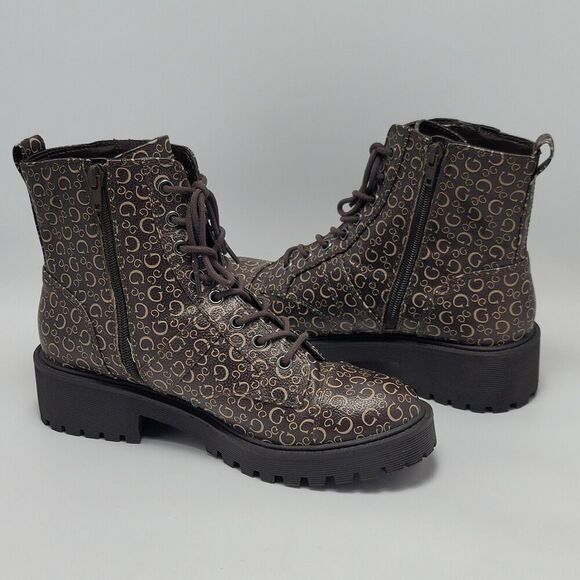 Guess Los Angeles Womens Brown Logo Ankle Combat Lace Up Boots Side Zip Sz 8.5M - Picture 10 of 12